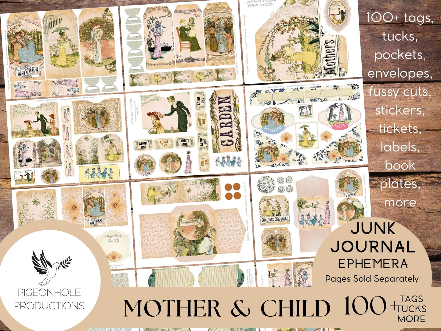 Mother & Child Junk Journal EPHEMERA, PRINTABLE, 70+ tags, tucks, pockets, envelopes, fussy cuts, stickers, tickets, labels, bookplates