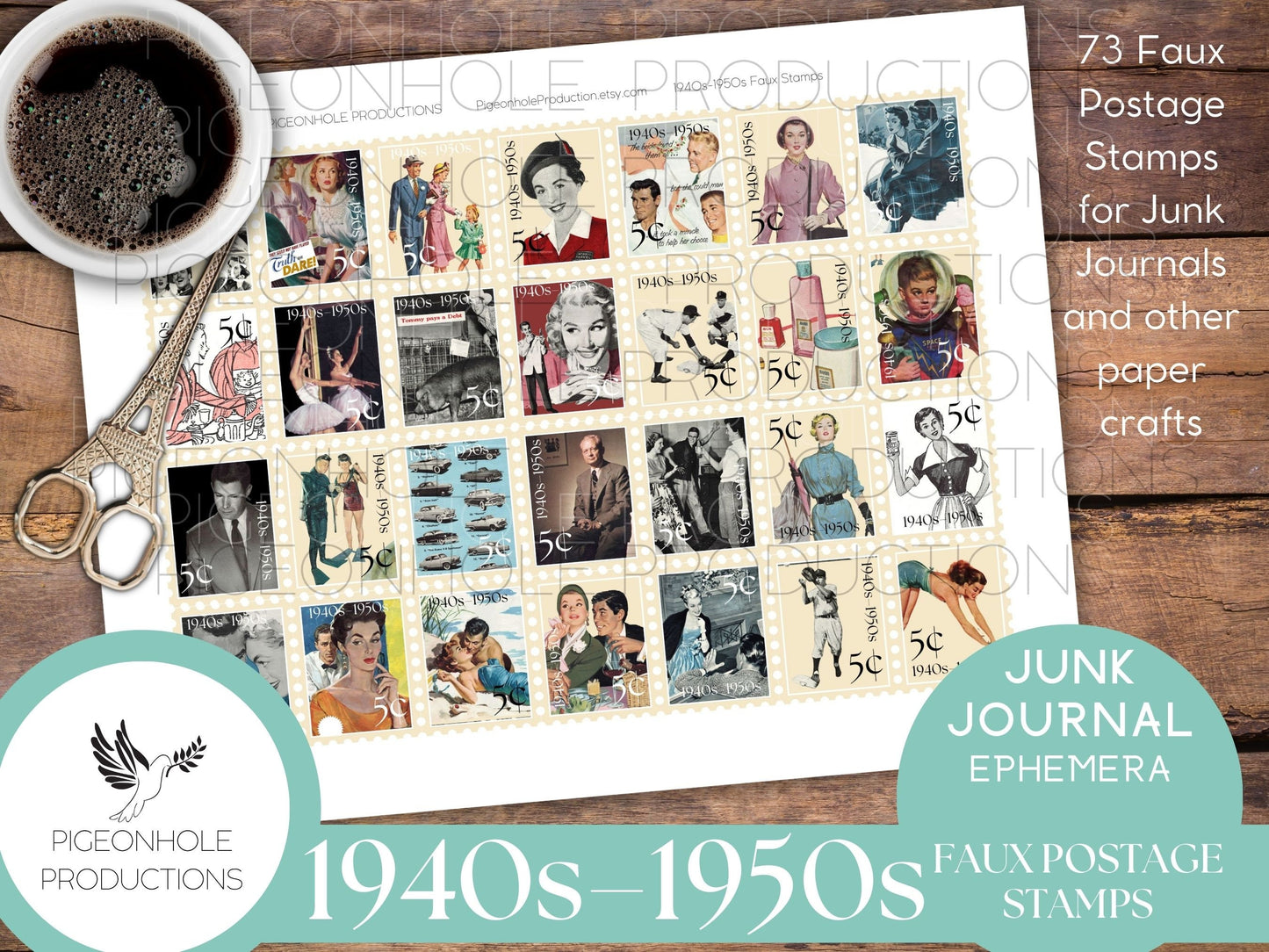 1940s-1950s Faux Postage Stamps—PRINTABLE—Use in junk journals, planners, scrapbooking, collage, or print on sticker paper for stickers