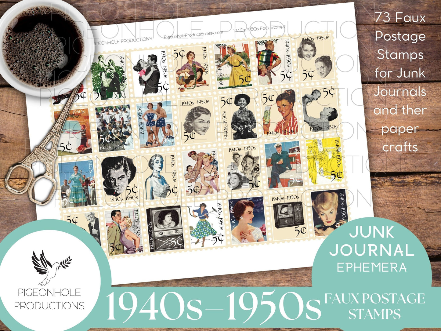 1940s-1950s Faux Postage Stamps—PRINTABLE—Use in junk journals, planners, scrapbooking, collage, or print on sticker paper for stickers