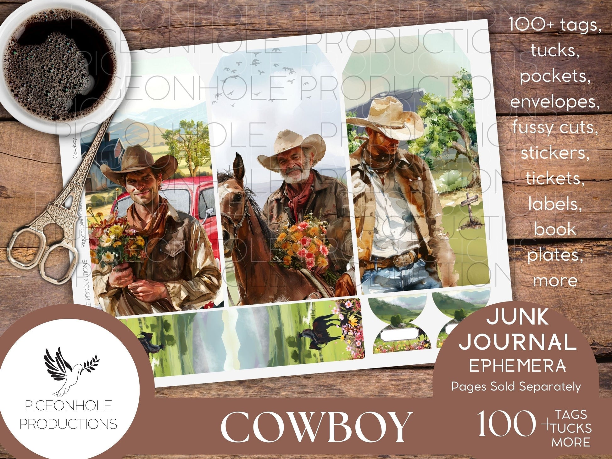 Cowboy Junk Journal EPHEMERA, PRINTABLE, 70+ tags, tucks, pockets, envelopes, fussy cuts, stickers, tickets, labels, bookplates, more!