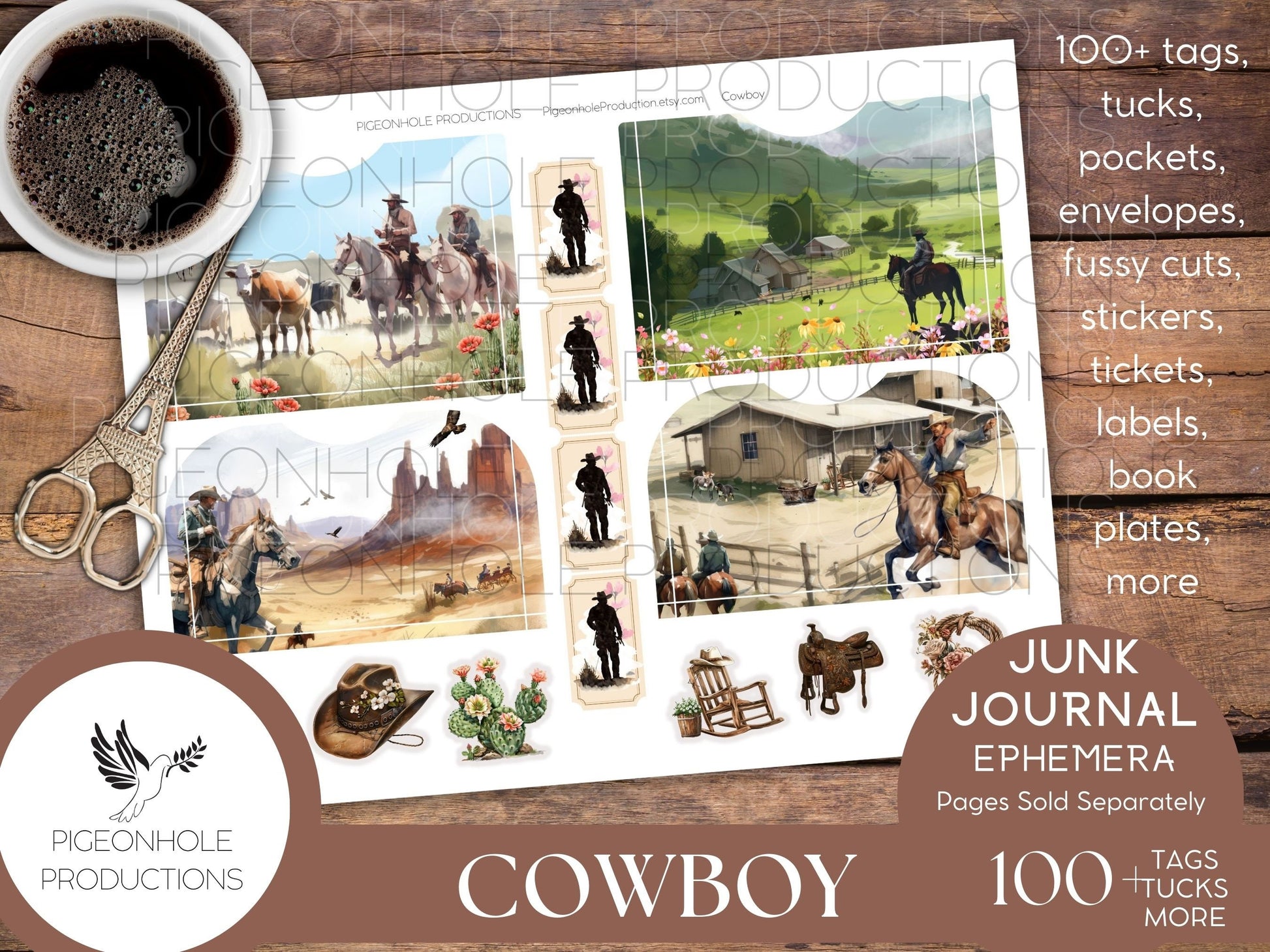 Cowboy Junk Journal EPHEMERA, PRINTABLE, 70+ tags, tucks, pockets, envelopes, fussy cuts, stickers, tickets, labels, bookplates, more!