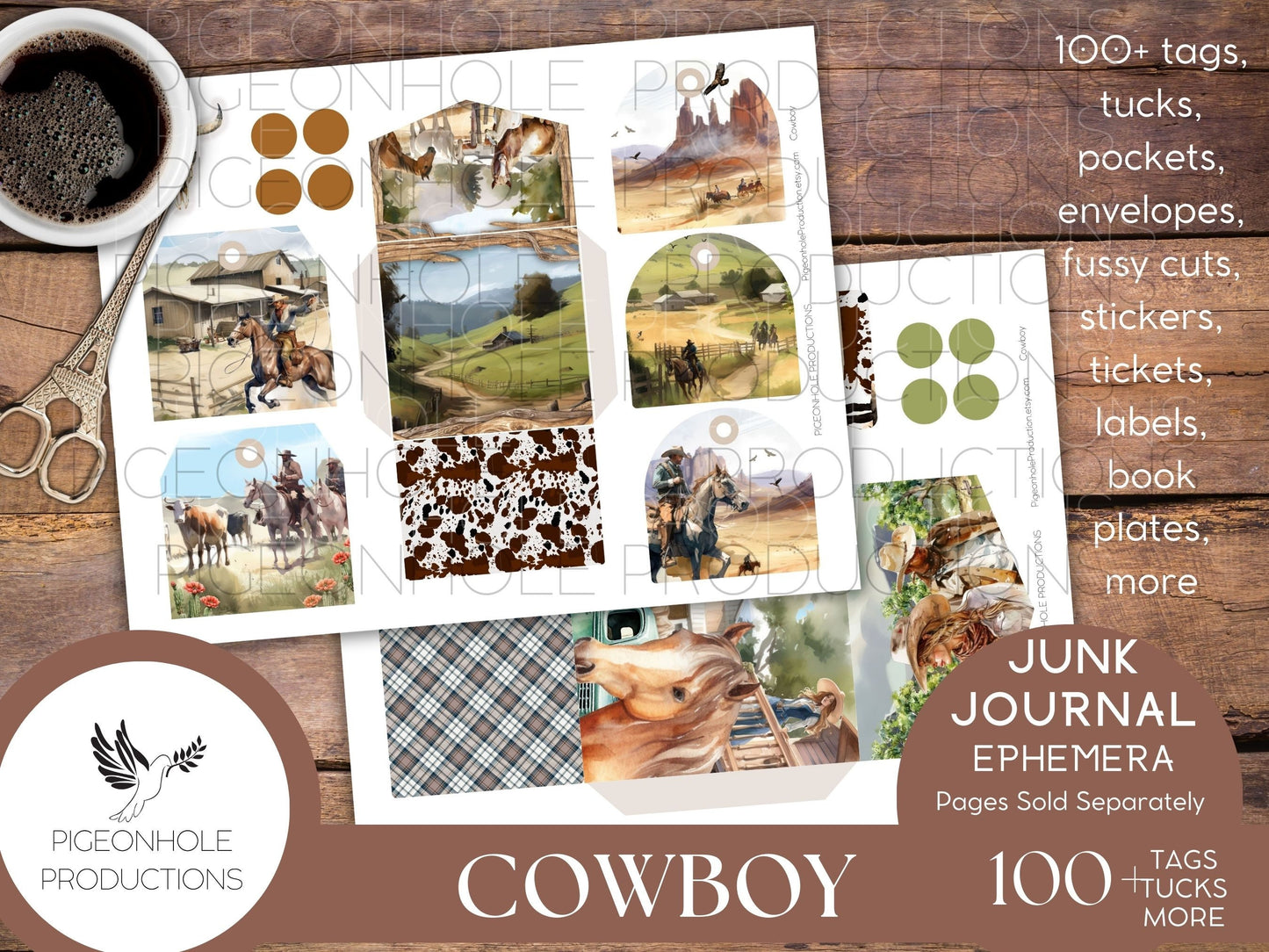 Cowboy Junk Journal EPHEMERA, PRINTABLE, 70+ tags, tucks, pockets, envelopes, fussy cuts, stickers, tickets, labels, bookplates, more!