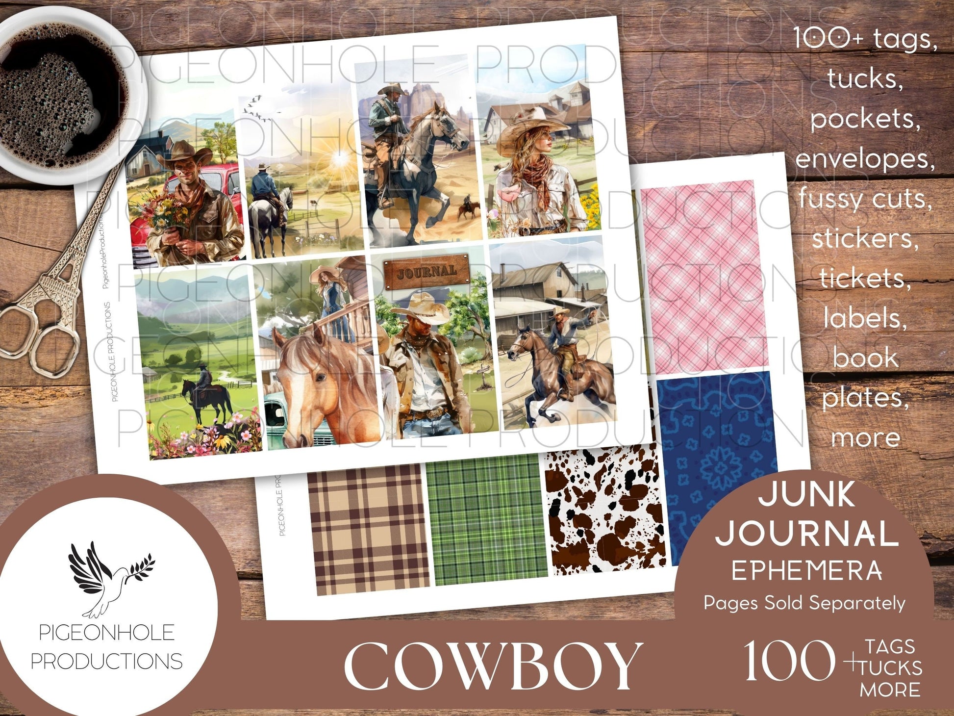 Cowboy Junk Journal EPHEMERA, PRINTABLE, 70+ tags, tucks, pockets, envelopes, fussy cuts, stickers, tickets, labels, bookplates, more!