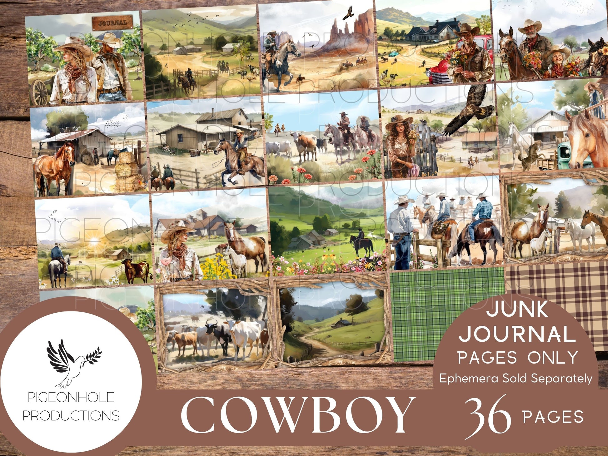 Cowboy Journal Pages Only Kit, PRINTABLE, 32 collage, lined, unlined sheets, sweet rainy day images for scrapbooking & other papercrafts!