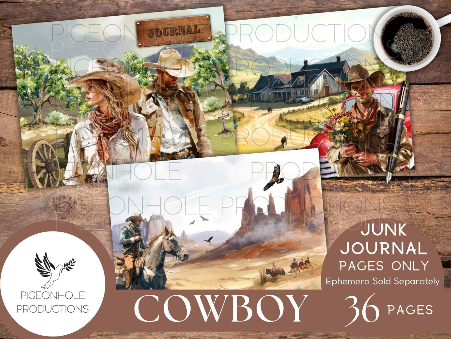 Cowboy Journal Pages Only Kit, PRINTABLE, 32 collage, lined, unlined sheets, sweet rainy day images for scrapbooking & other papercrafts!