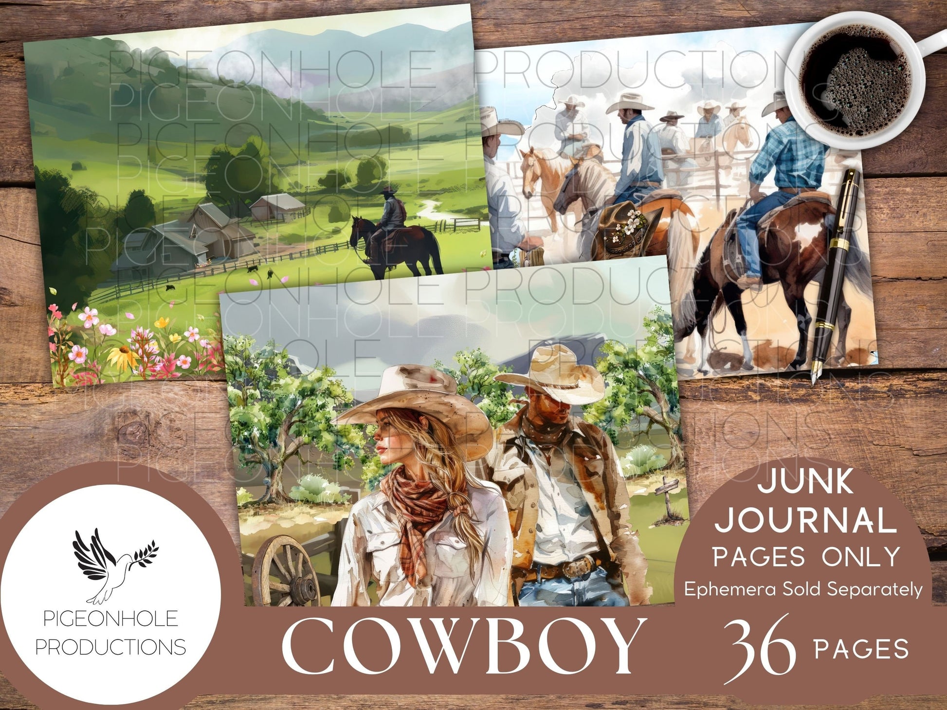 Cowboy Journal Pages Only Kit, PRINTABLE, 32 collage, lined, unlined sheets, sweet rainy day images for scrapbooking & other papercrafts!