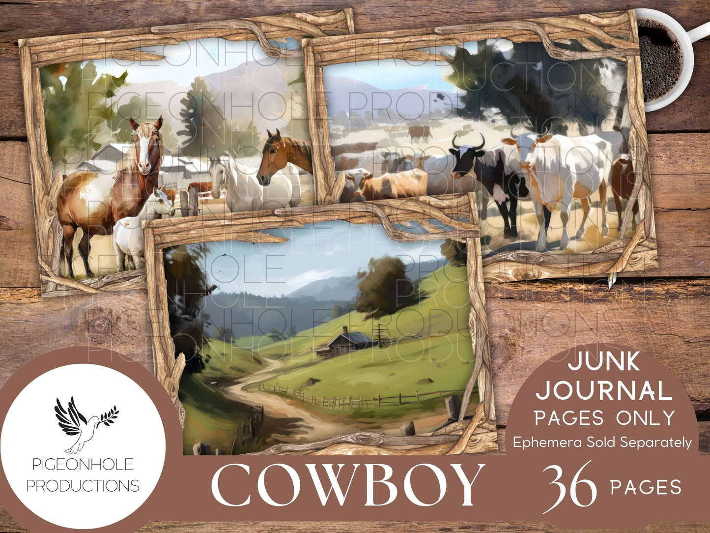 Cowboy Journal Pages Only Kit, PRINTABLE, 32 collage, lined, unlined sheets, sweet rainy day images for scrapbooking & other papercrafts!