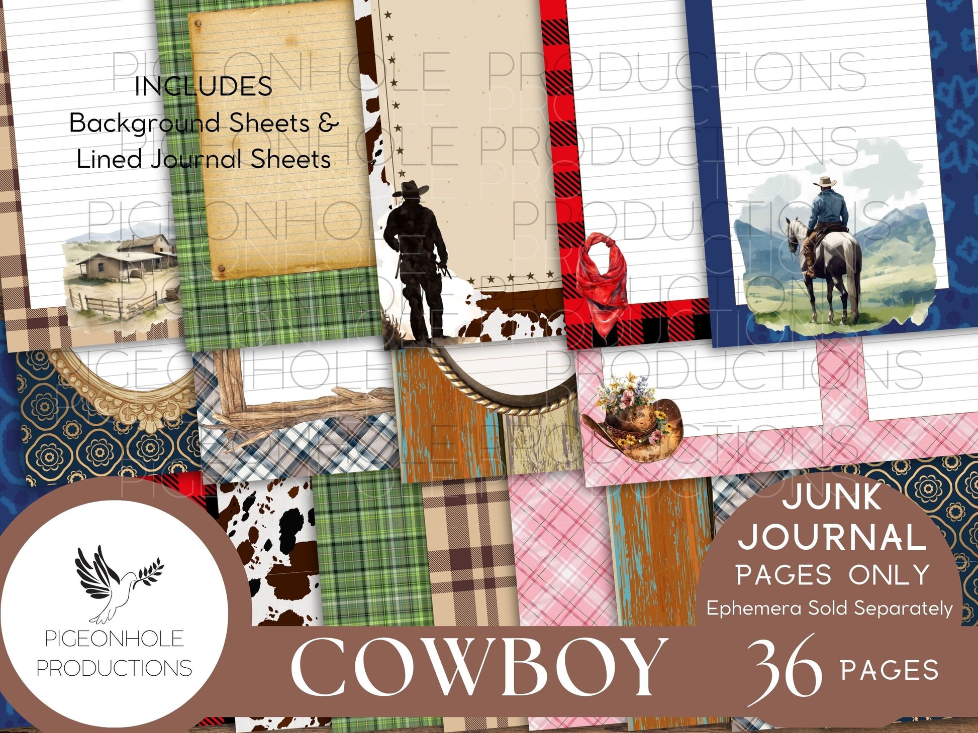 Cowboy Journal Pages Only Kit, PRINTABLE, 32 collage, lined, unlined sheets, sweet rainy day images for scrapbooking & other papercrafts!