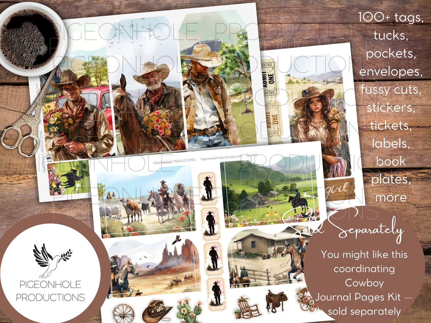 Cowboy Journal Pages Only Kit, PRINTABLE, 32 collage, lined, unlined sheets, sweet rainy day images for scrapbooking & other papercrafts!