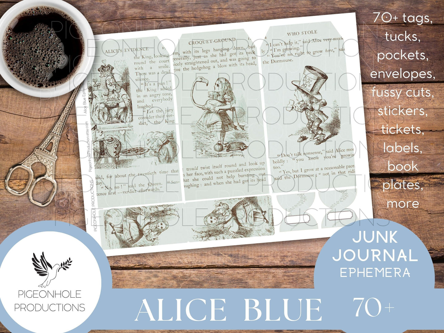 Alice In Wonderland BLUE Junk Journal EPHEMERA, PRINTABLE, 70+ tags, tucks, pockets, envelopes, stickers, tickets, labels, bookplates, more!