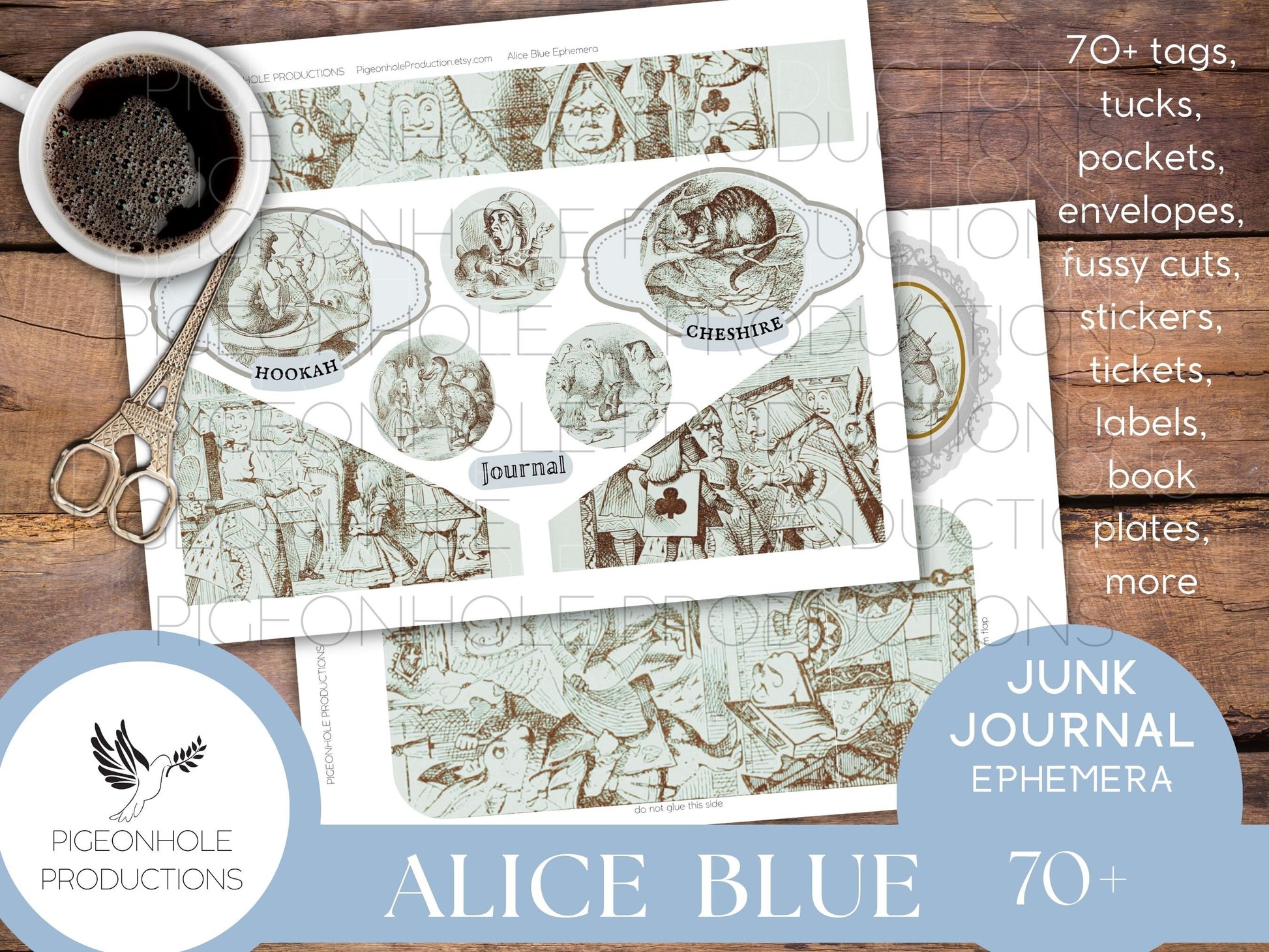 Alice In Wonderland BLUE Junk Journal EPHEMERA, PRINTABLE, 70+ tags, tucks, pockets, envelopes, stickers, tickets, labels, bookplates, more!