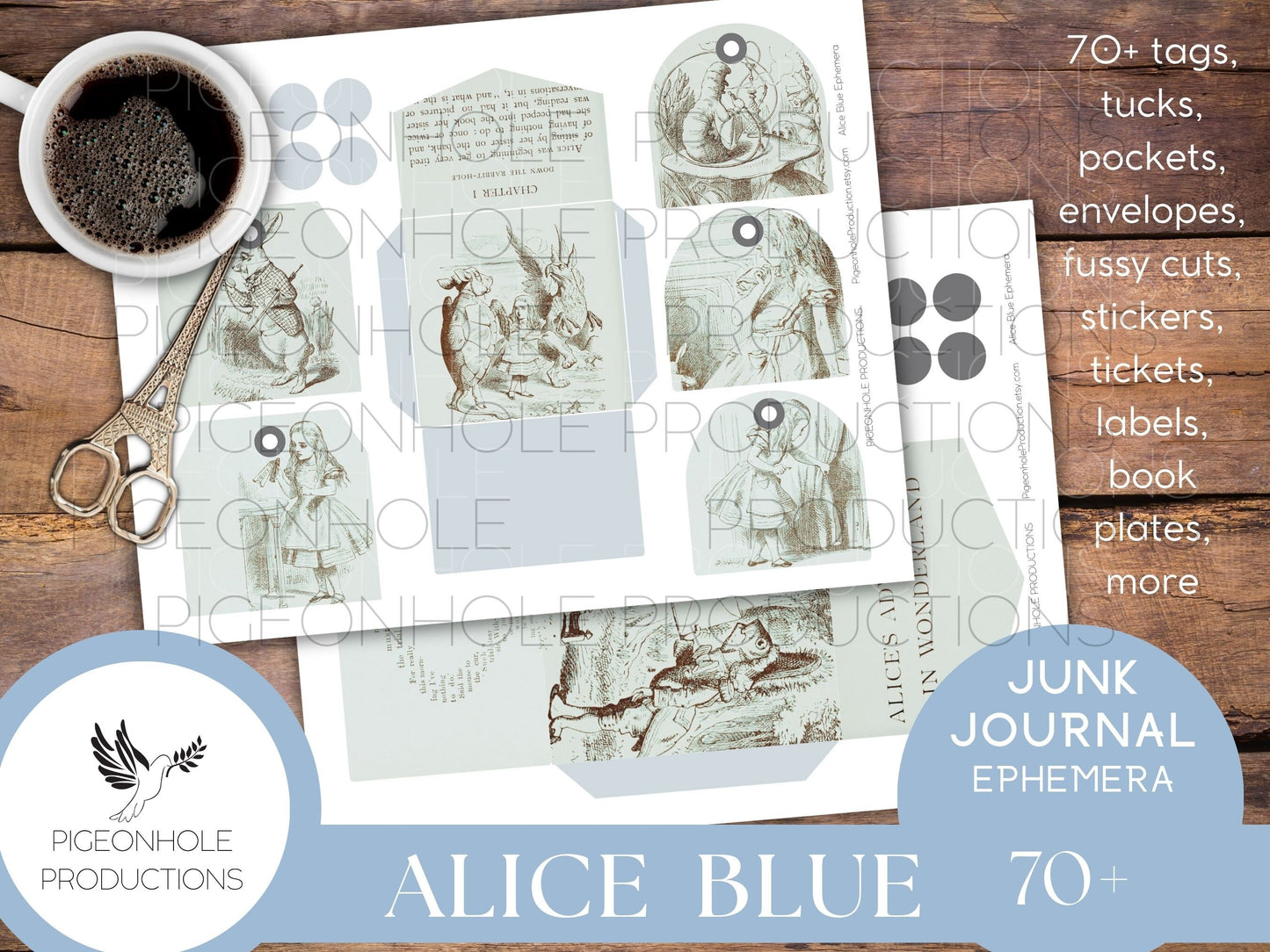 Alice In Wonderland BLUE Junk Journal EPHEMERA, PRINTABLE, 70+ tags, tucks, pockets, envelopes, stickers, tickets, labels, bookplates, more!