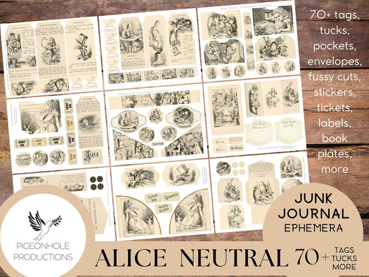 Alice In Wonderland NEUTRAL Junk Journal EPHEMERA, PRINTABLE, 70+ tags, tucks, pockets, envelopes, stickers, tickets, labels, bookplates