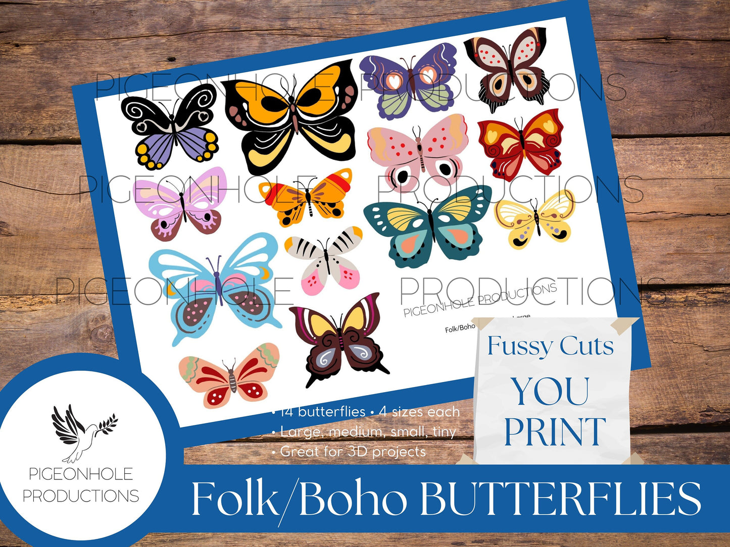 Folk/Boho Butterflies Fussy Cuts, PRINTABLE, for junk journals, scrapbooking, papercrafts, cardmaking, tags, ephemera