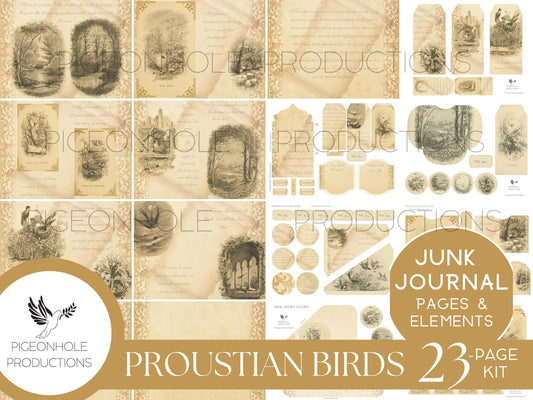 Proustian Birds Junk Journal Kit, PRINTABLE— 23 pages, backgrounds, ephemera—beautiful vintage bird illustrations and uplifting quotes!