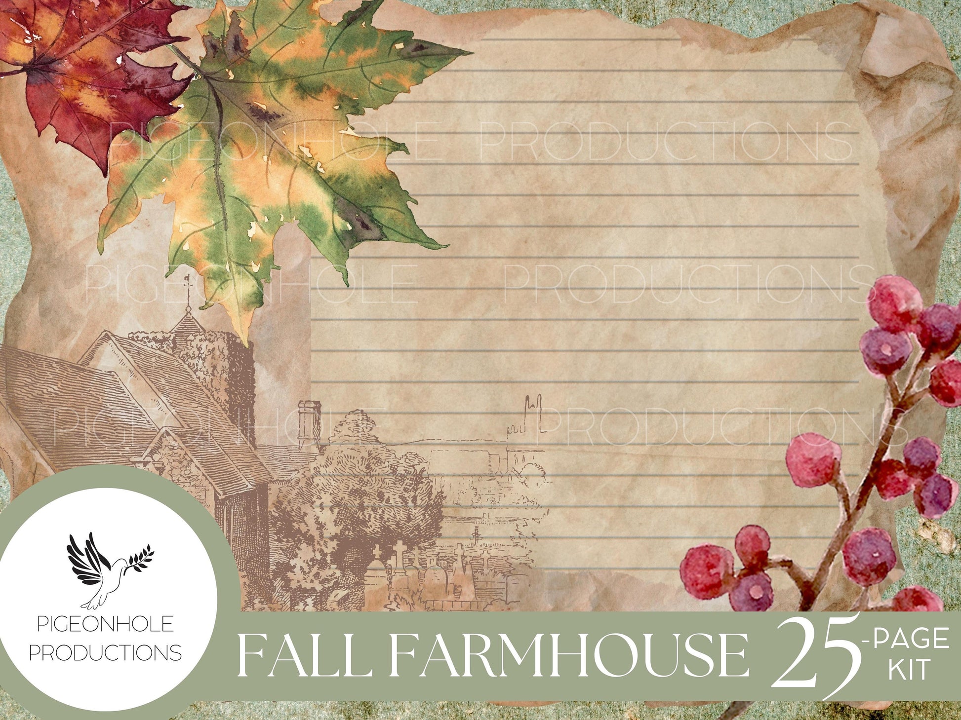 Fall Farmhouse Junk Journal Kit, PRINTABLE— 25 pages, backgrounds, elements—beautiful vintage farmhouse etchings and floral illustrations