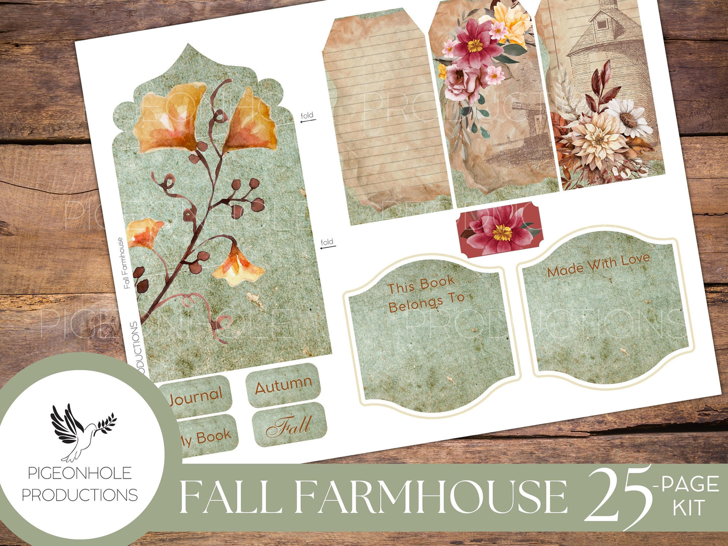 Fall Farmhouse Junk Journal Kit, PRINTABLE— 25 pages, backgrounds, elements—beautiful vintage farmhouse etchings and floral illustrations