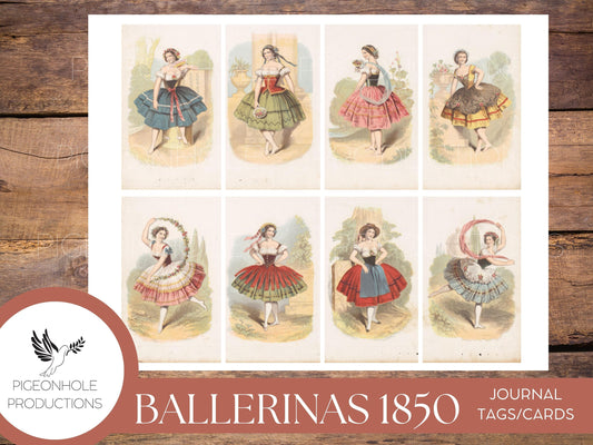 Folk/Boho Vintage Ballerinas - 1850, PRINTABLE, use as journal cards, junk journal tags, ATC cards, or fussy cut