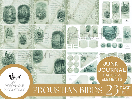 TEAL Proustian Birds Junk Journal Kit, PRINTABLE— 23 pages, backgrounds, ephemera—beautiful vintage bird illustrations and uplifting quotes!