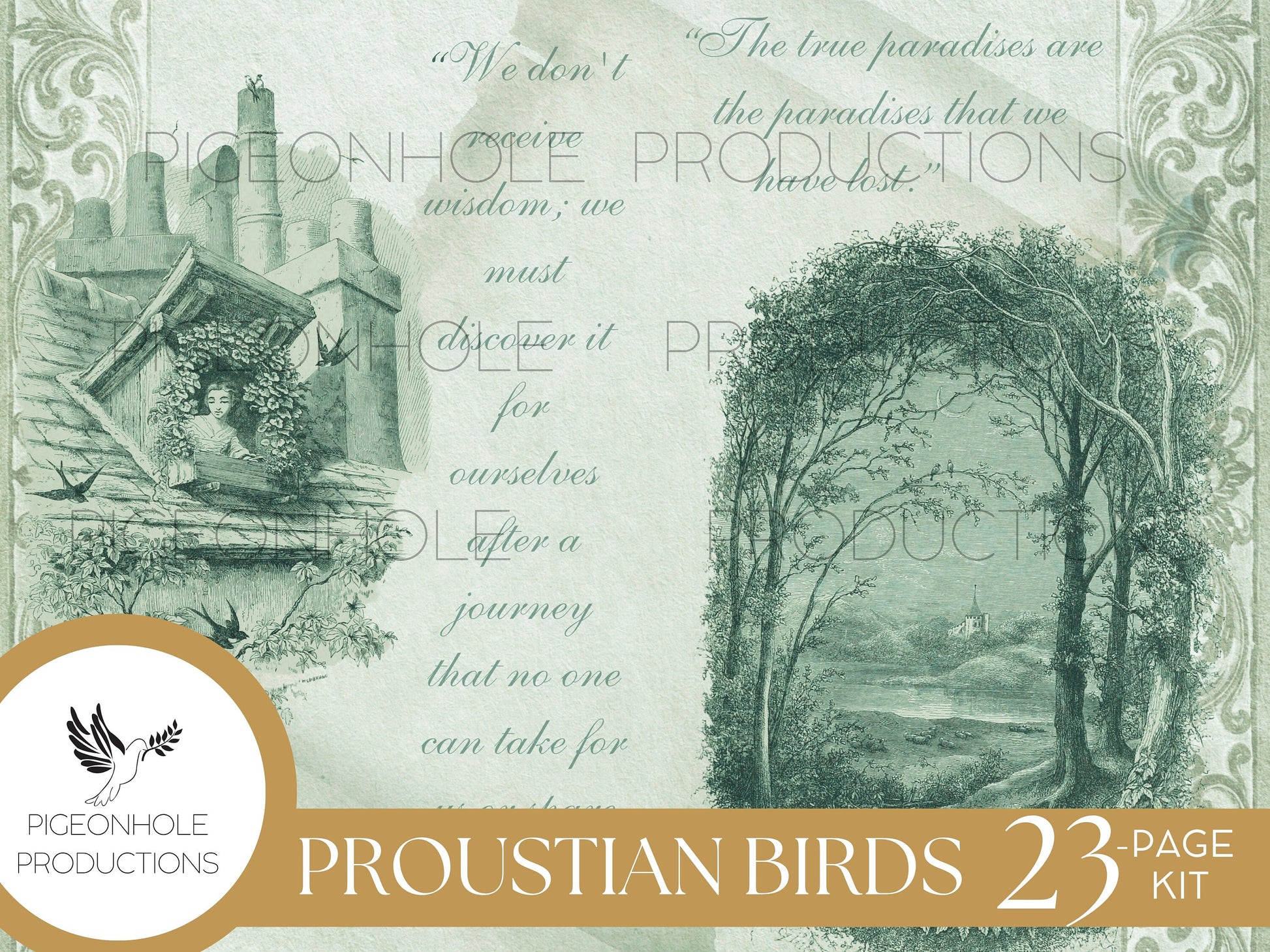 TEAL Proustian Birds Junk Journal Kit, PRINTABLE— 23 pages, backgrounds, ephemera—beautiful vintage bird illustrations and uplifting quotes!