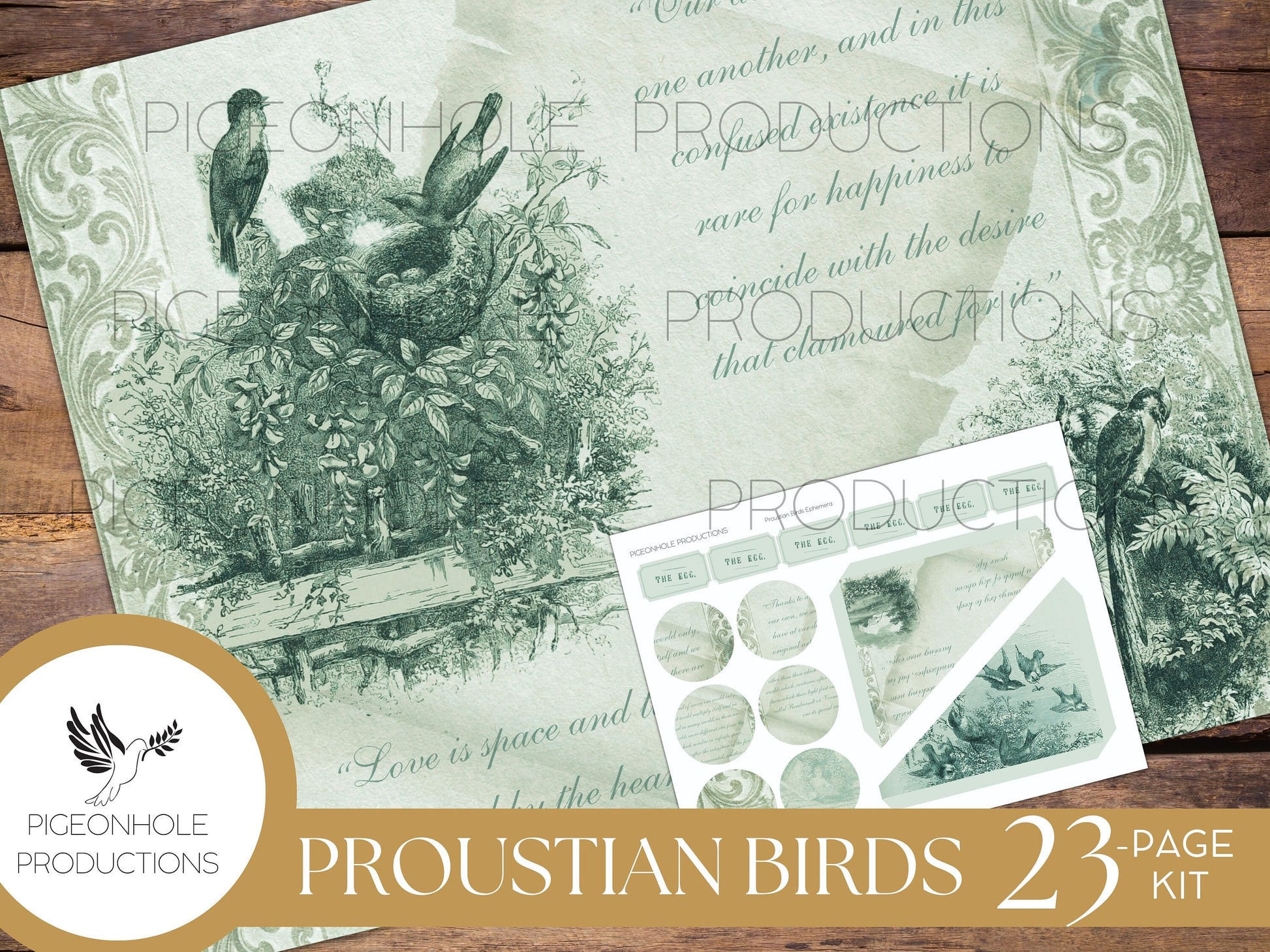 TEAL Proustian Birds Junk Journal Kit, PRINTABLE— 23 pages, backgrounds, ephemera—beautiful vintage bird illustrations and uplifting quotes!