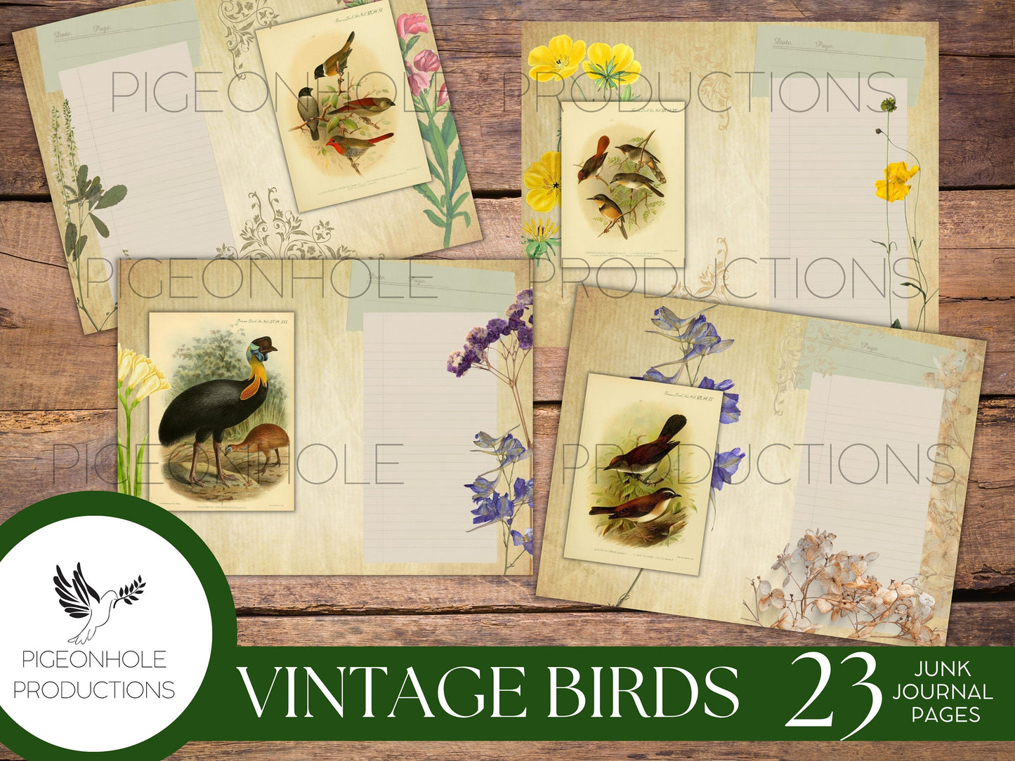 Vintage Birds Junk Journal Pages Kit, PRINTABLE, 23 pages, features old bird illustrations, make your own journal, pretty!