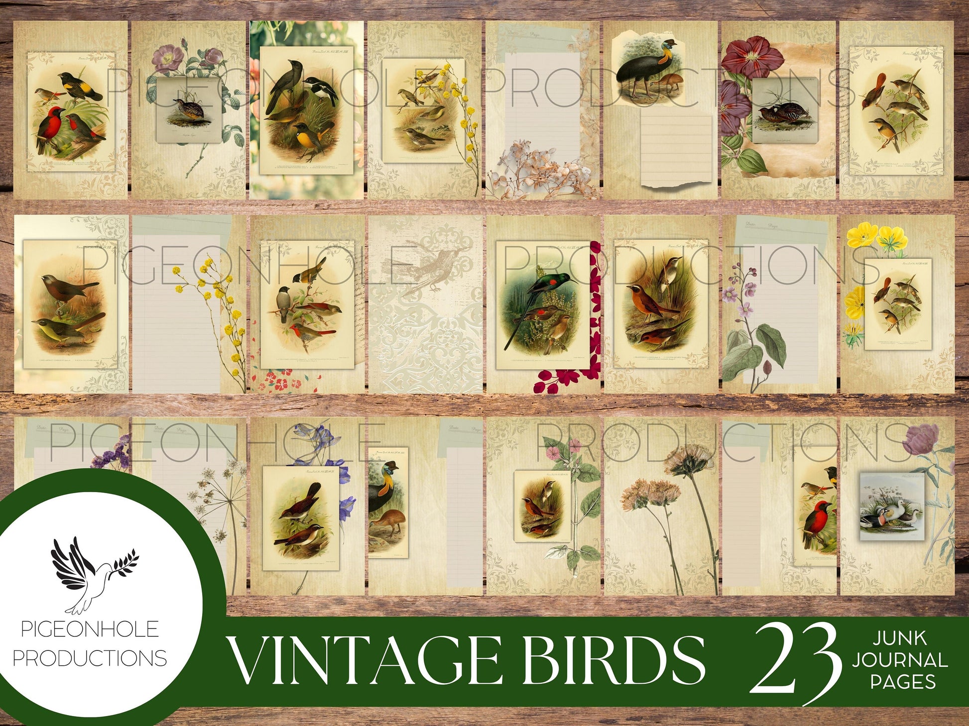 Vintage Birds Junk Journal Pages Kit, PRINTABLE, 23 pages, features old bird illustrations, make your own journal, pretty!