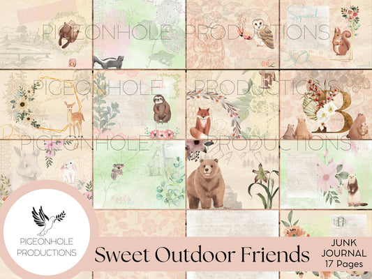 Sweet Outdoor Friends Junk Journal Pages Kit, PRINTABLE, digital journal kit featuring sweet animals and florals - pages only