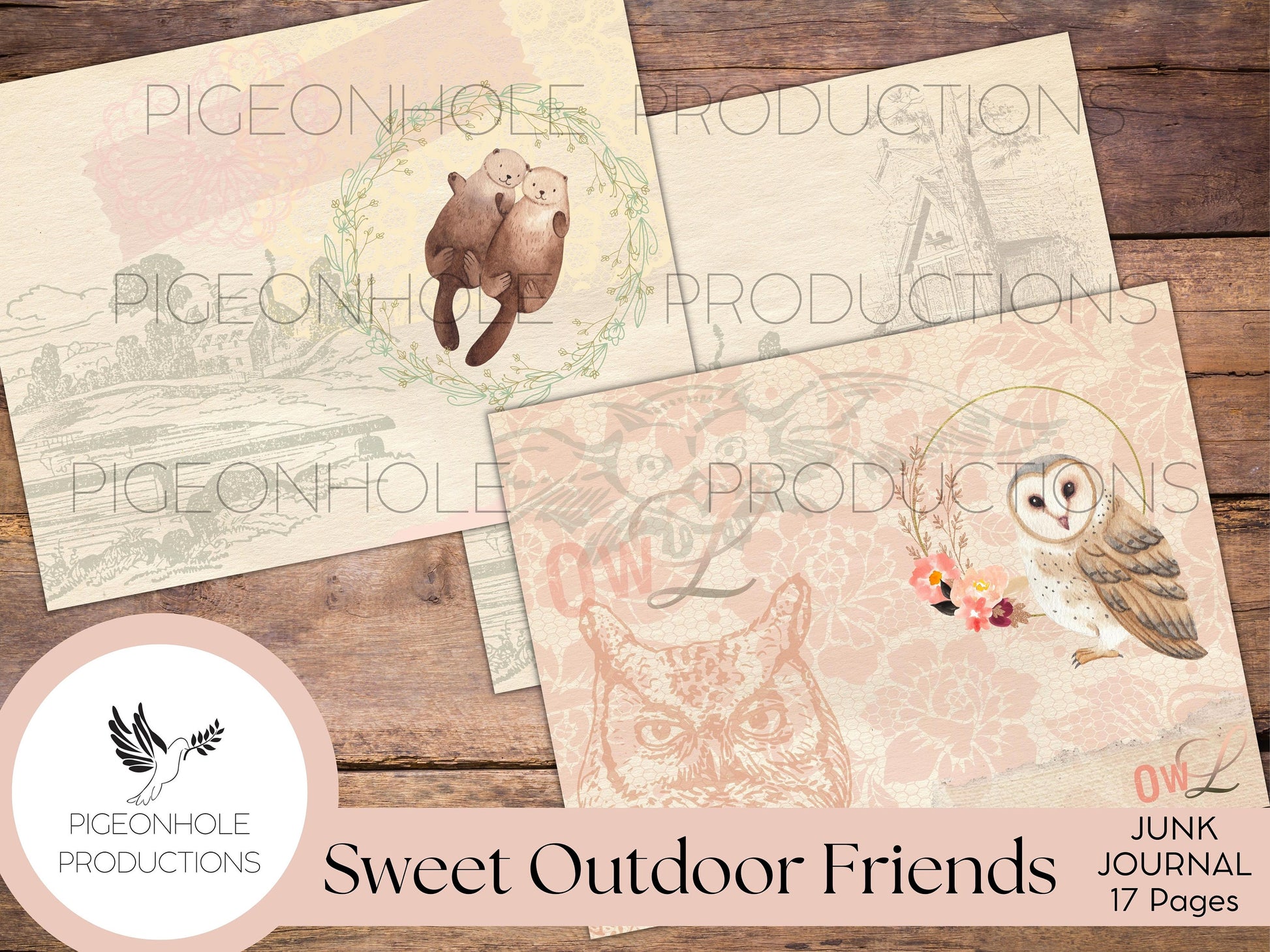 Sweet Outdoor Friends Junk Journal Pages Kit, PRINTABLE, digital journal kit featuring sweet animals and florals - pages only