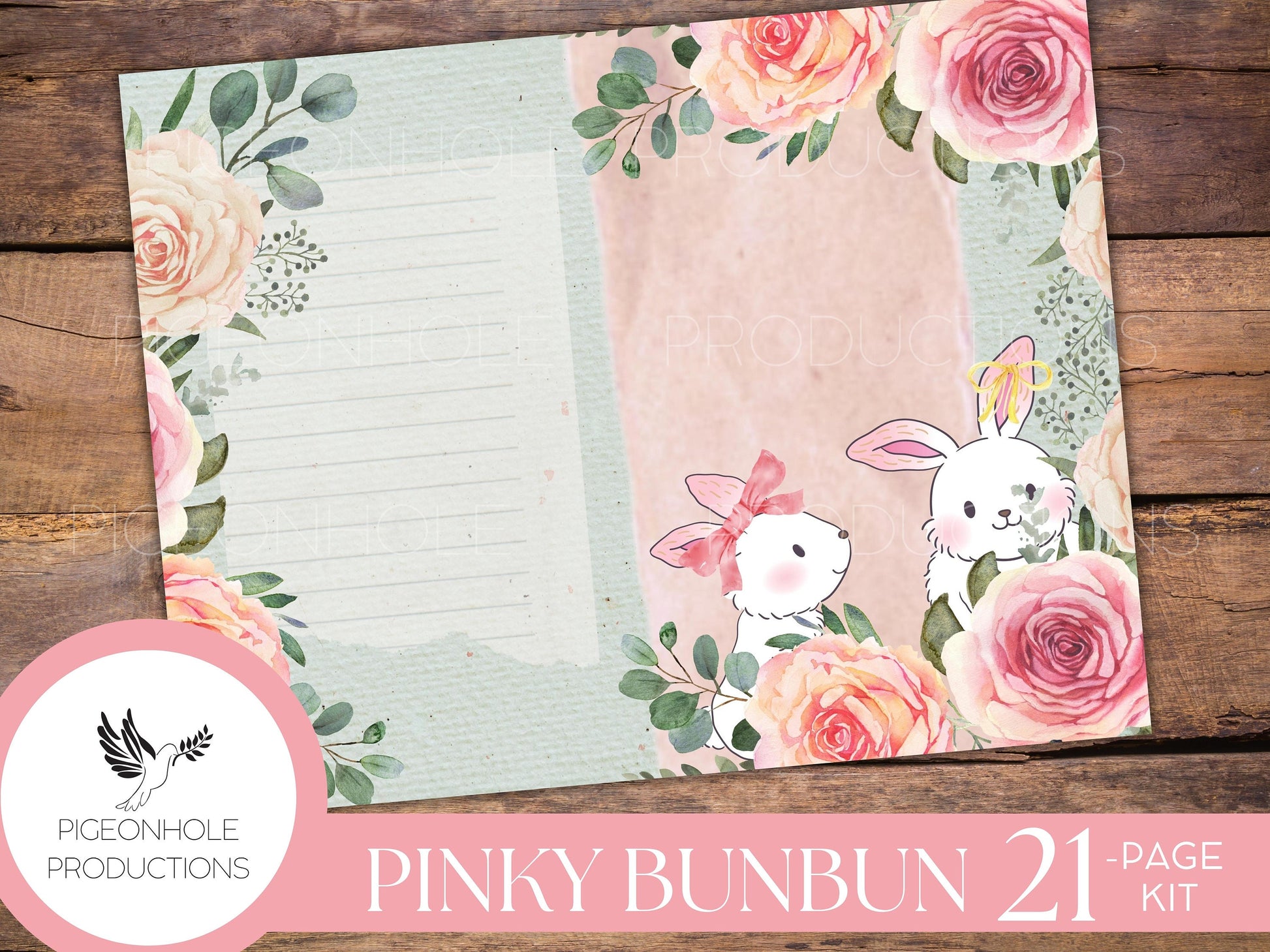 Pinky BunBun Bunny Junk Journal Kit, PRINTABLE— 21 pages, backgrounds, elements—sweet bunnies of the meadow