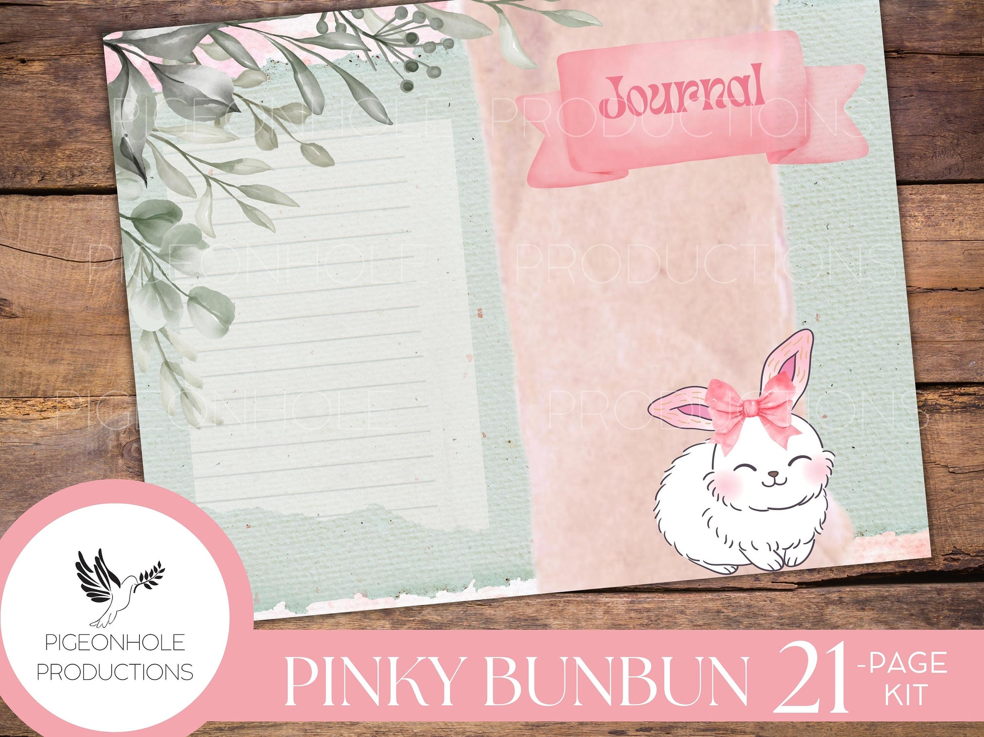 Pinky BunBun Bunny Junk Journal Kit, PRINTABLE— 21 pages, backgrounds, elements—sweet bunnies of the meadow