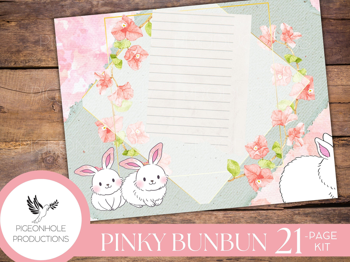 Pinky BunBun Bunny Junk Journal Kit, PRINTABLE— 21 pages, backgrounds, elements—sweet bunnies of the meadow