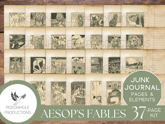 Aesop's Fables Junk Journal Kit, PRINTABLE, 37 pages, backgrounds, ephemera, for literature lovers, based on fable fantasy literature