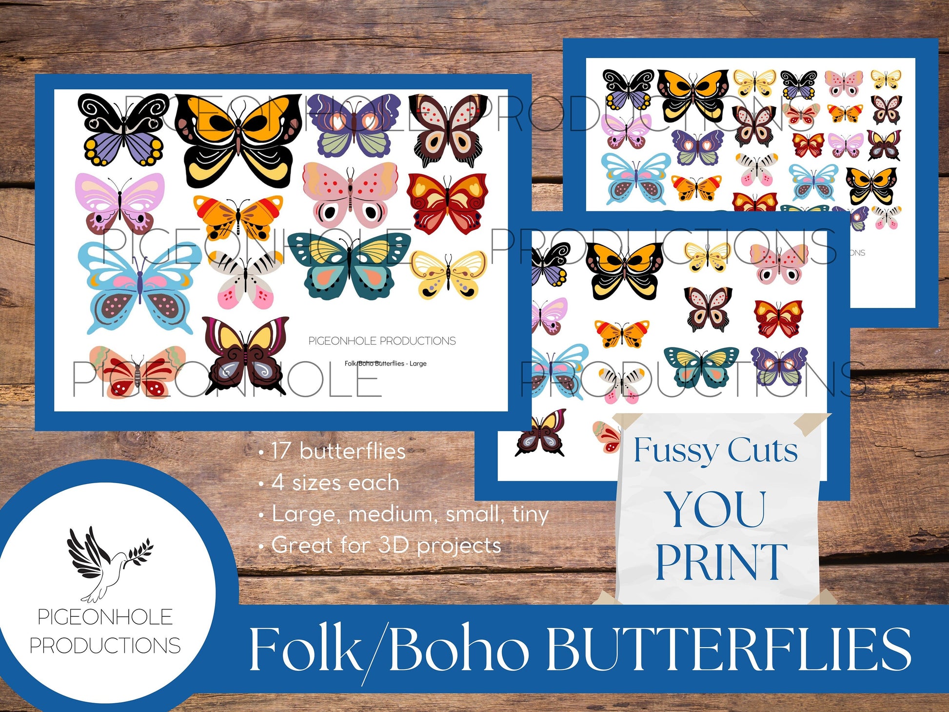 Folk/Boho Butterflies Fussy Cuts, PRINTABLE, for junk journals, scrapbooking, papercrafts, cardmaking, tags, ephemera