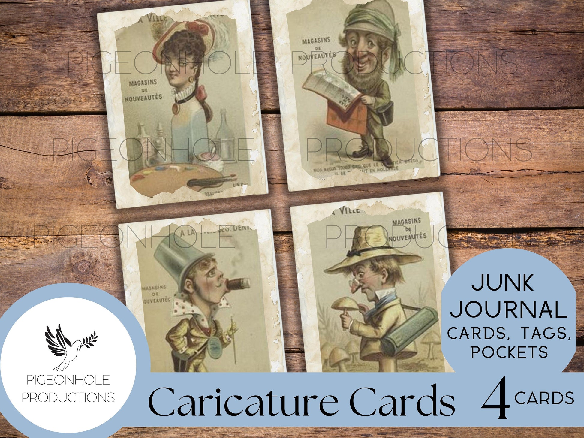Caricature Cards - 1800s, PRINTABLE, vintage illustrations reminiscent of Alice In Wonderland, junk journal cards, tags, pockets