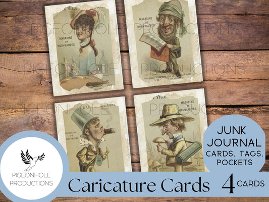 Caricature Cards - 1800s, PRINTABLE, vintage illustrations reminiscent of Alice In Wonderland, junk journal cards, tags, pockets