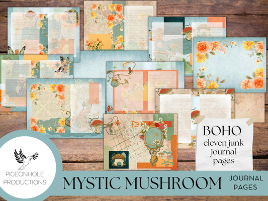 Mystic Mushroom Junk Journal Pages Kit, PRINTABLE, magical, mystical Boho for journals, cards, tags, ephemera, scrapbooking, keeping secrets