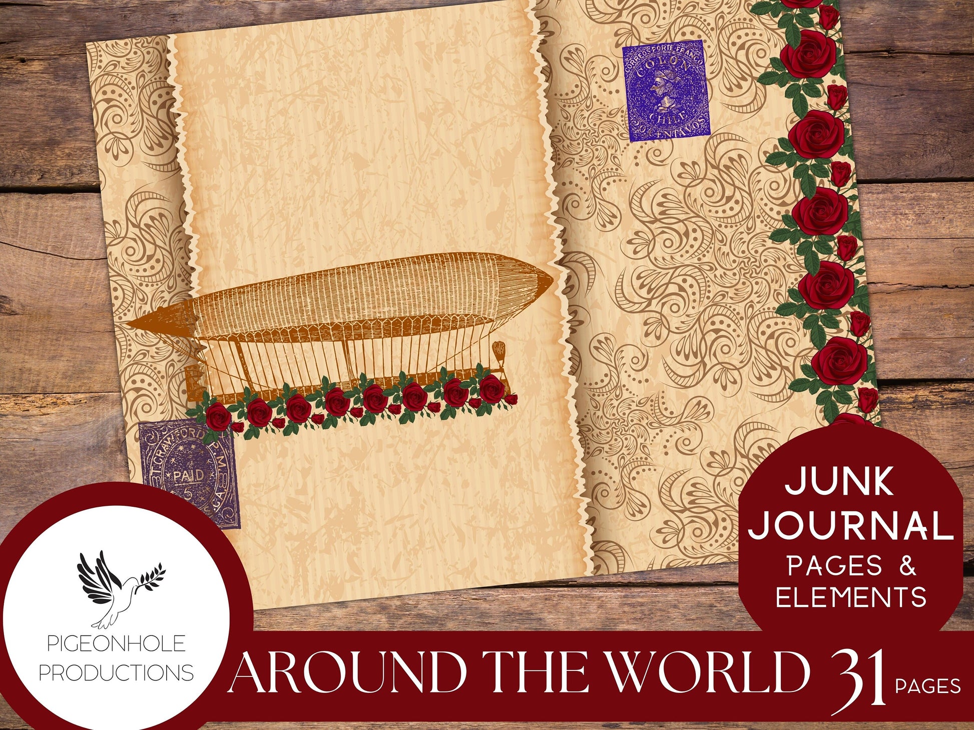 Around the World in 80 Days with Red Roses, Junk Journal Kit, PRINTABLE, 31 pages, backgrounds, ephemera, inspired by the 1956 movie