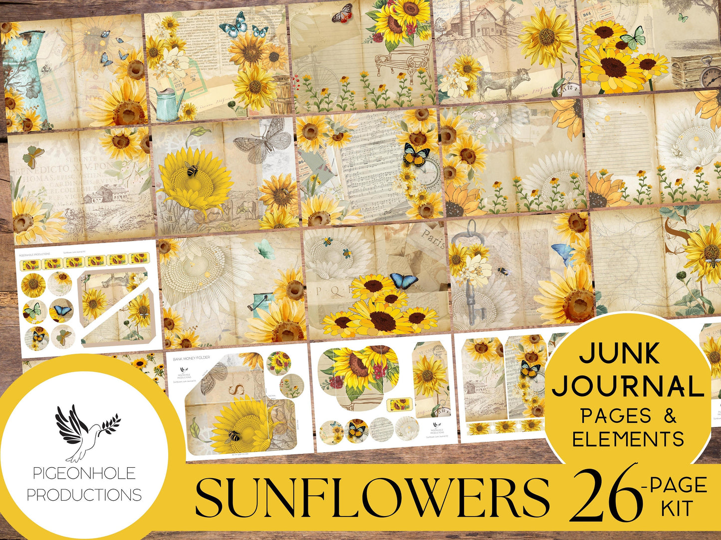 Vintage Sunflower Junk Journal Kit, PRINTABLE, 26 sheets of journal pages, background papers and ephemera elements