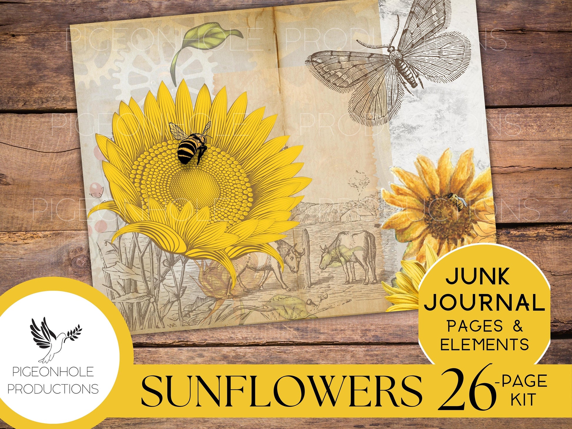 Vintage Sunflower Junk Journal Kit, PRINTABLE, 26 sheets of journal pages, background papers and ephemera elements