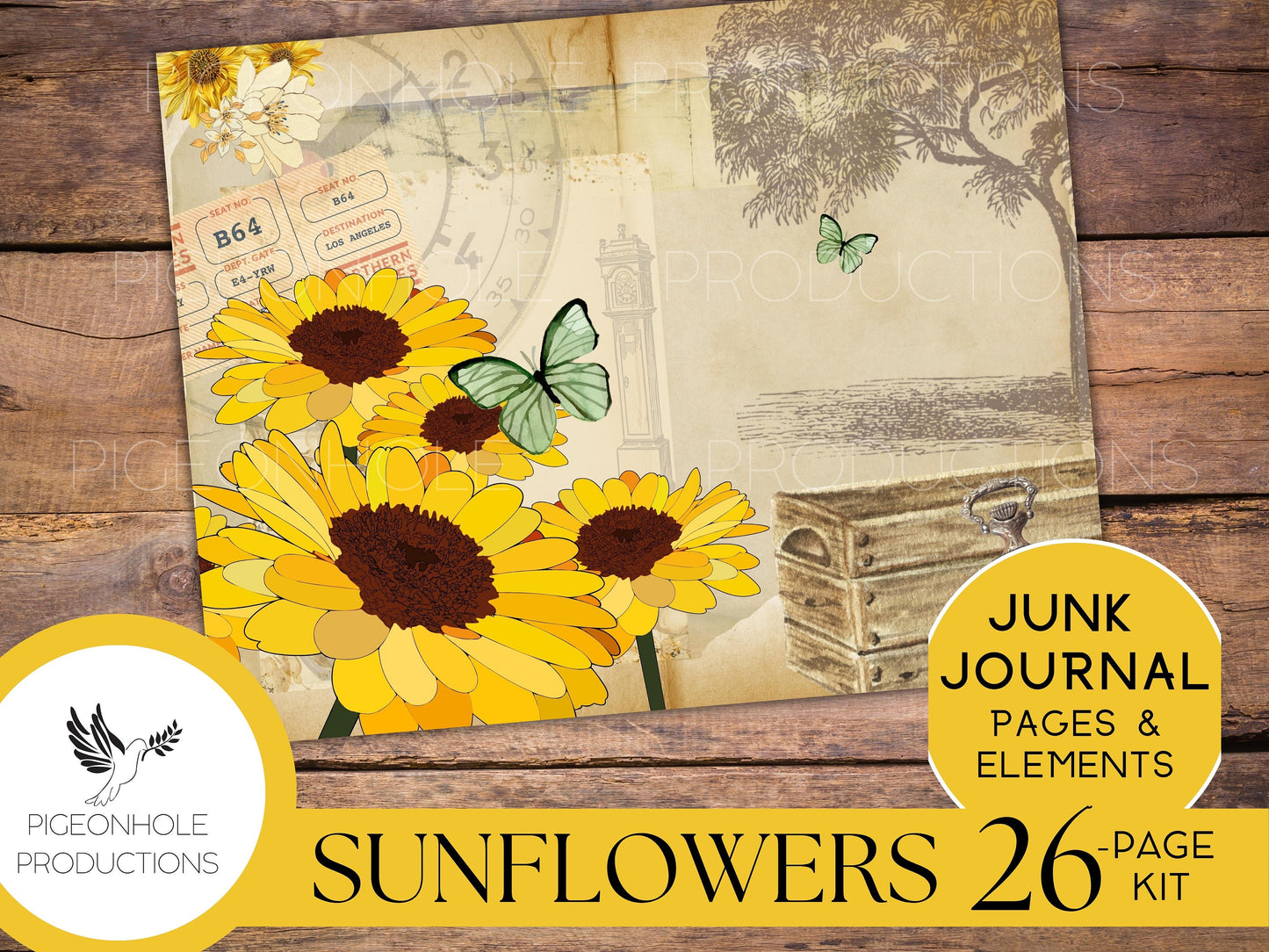 Vintage Sunflower Junk Journal Kit, PRINTABLE, 26 sheets of journal pages, background papers and ephemera elements