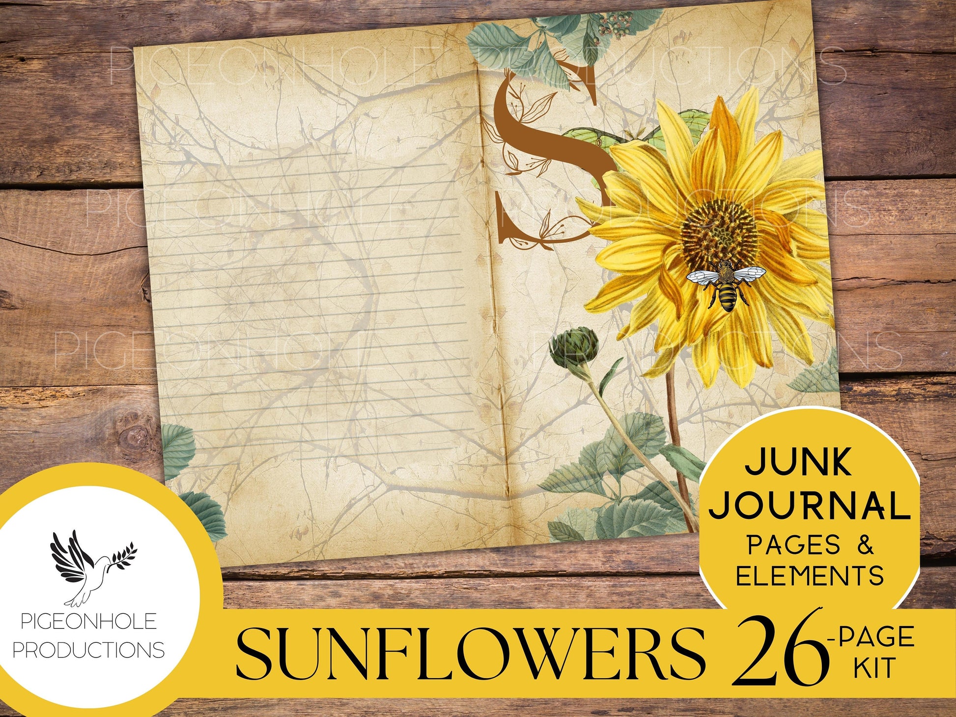 Vintage Sunflower Junk Journal Kit, PRINTABLE, 26 sheets of journal pages, background papers and ephemera elements