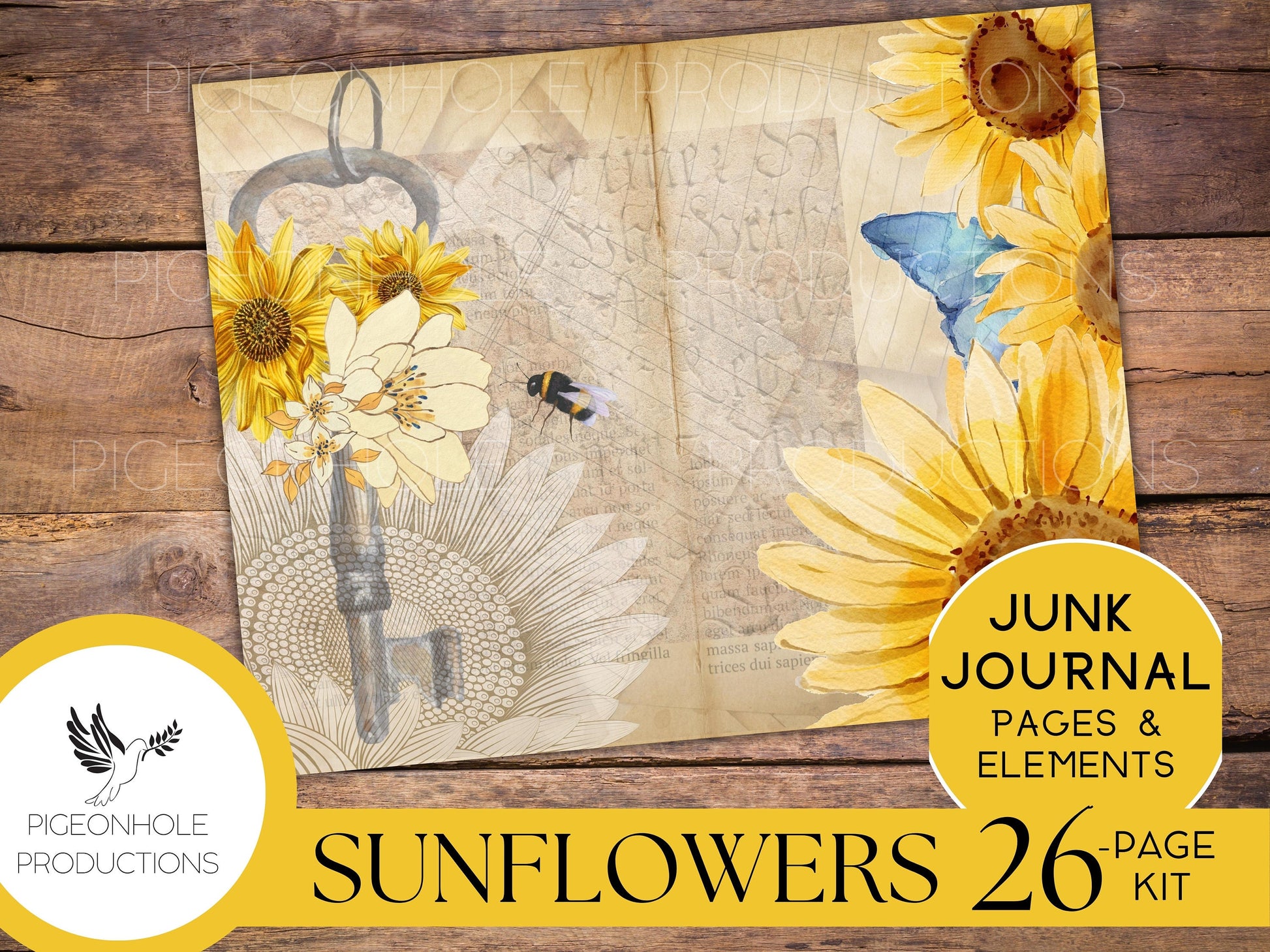 Vintage Sunflower Junk Journal Kit, PRINTABLE, 26 sheets of journal pages, background papers and ephemera elements