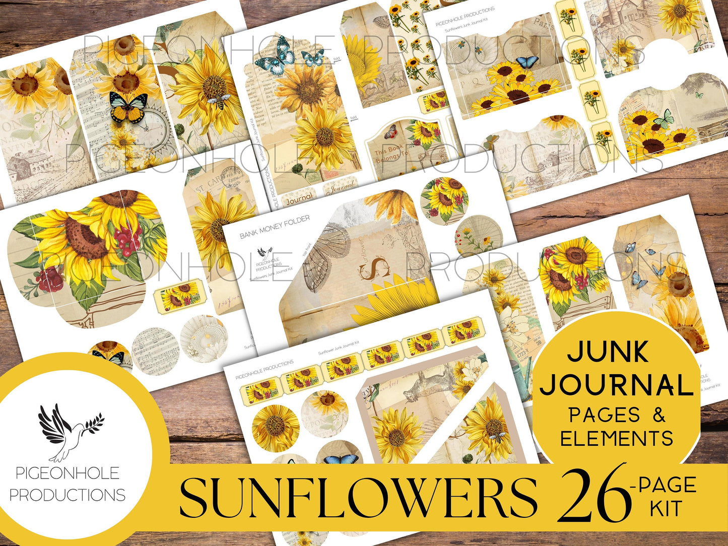 Vintage Sunflower Junk Journal Kit, PRINTABLE, 26 sheets of journal pages, background papers and ephemera elements