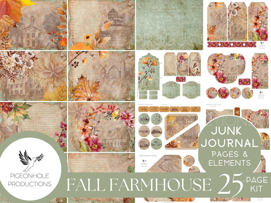 Fall Farmhouse Junk Journal Kit, PRINTABLE— 25 pages, backgrounds, elements—beautiful vintage farmhouse etchings and floral illustrations