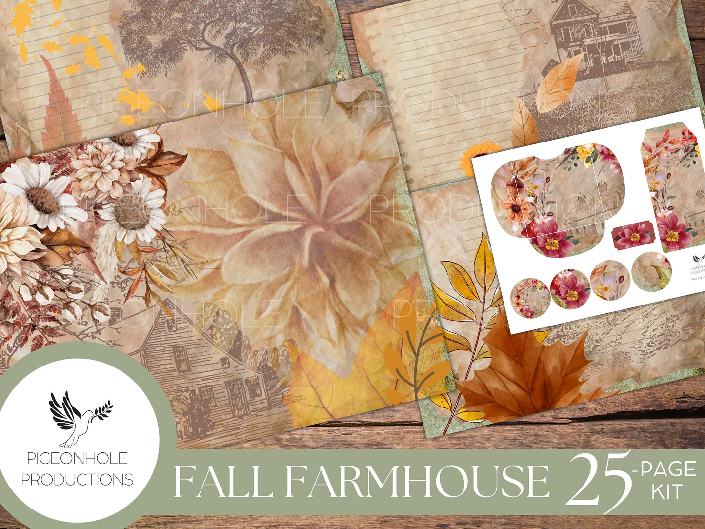 Fall Farmhouse Junk Journal Kit, PRINTABLE— 25 pages, backgrounds, elements—beautiful vintage farmhouse etchings and floral illustrations