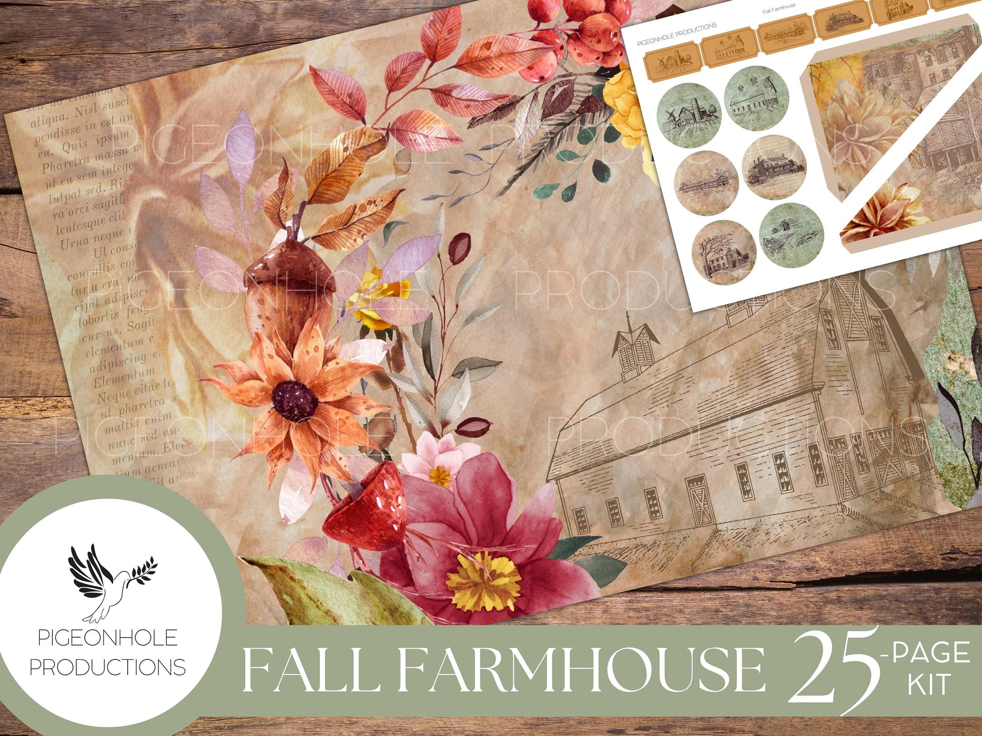 Fall Farmhouse Junk Journal Kit, PRINTABLE— 25 pages, backgrounds, elements—beautiful vintage farmhouse etchings and floral illustrations