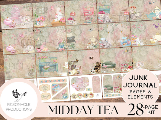 Midday Tea Junk Journal Kit—PRINTABLE—28 pages, plus 60+ tags, pockets, tickets, more