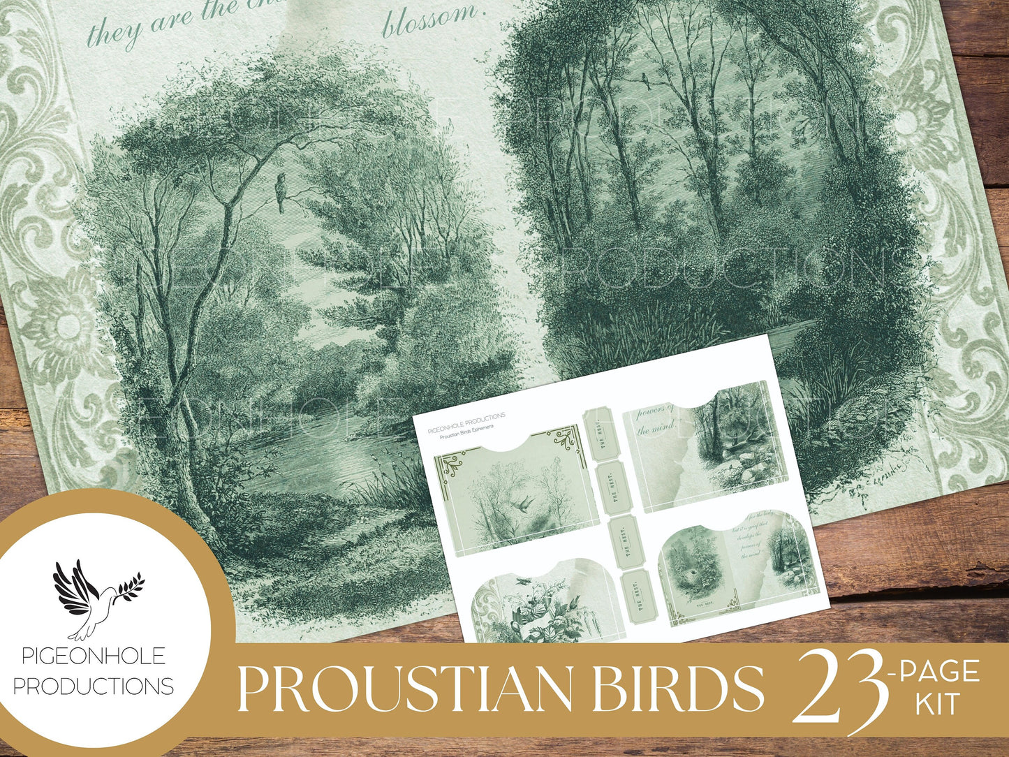 TEAL Proustian Birds Junk Journal Kit, PRINTABLE— 23 pages, backgrounds, ephemera—beautiful vintage bird illustrations and uplifting quotes!