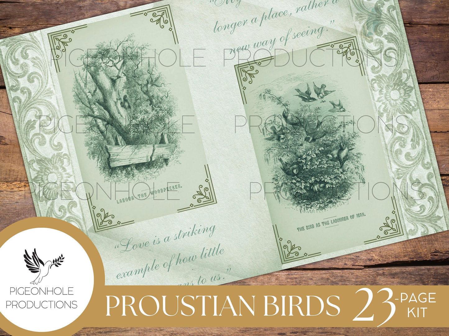 TEAL Proustian Birds Junk Journal Kit, PRINTABLE— 23 pages, backgrounds, ephemera—beautiful vintage bird illustrations and uplifting quotes!